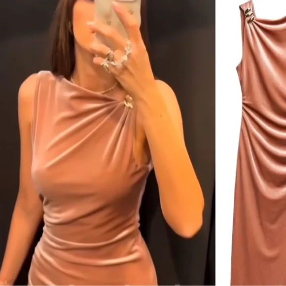 Zara Velvet Blush Color Midi Dress - Picture 6 of 16